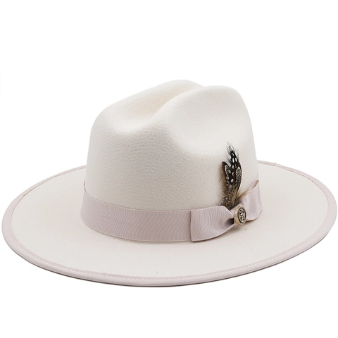 Vintage Wool Felt Fedora Hat Wide Brim With Feather And Ribbon Decor Elegant Unisex Jazz Cap