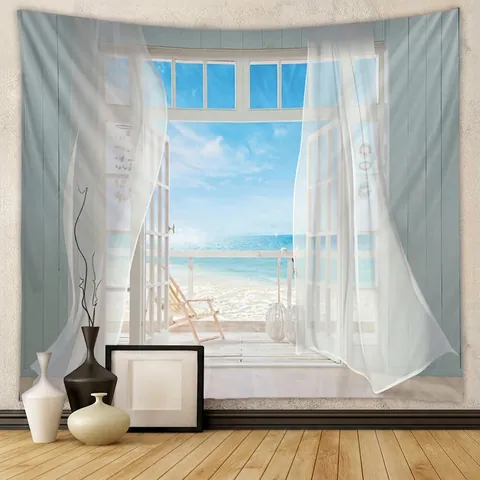 Tapestry Wall Hanging Polyester 3D Landscape Window View Home Decor Aesthetic Bohemian Style Bedroom Living Room Decor