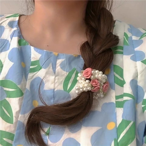 Faux Artificial Pearl Rose Flower Hair Tie High Elasticity Ponytail Holder Sweet Romantic Hair Accessories For Women Girls