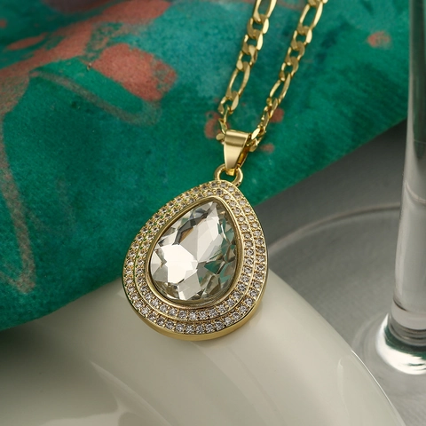 Waterdruppel Hanger Ketting Goud Verguld Koper Met Zirkonia Halo Figaro Ketting Elegante Sieraden Voor Vrouwen