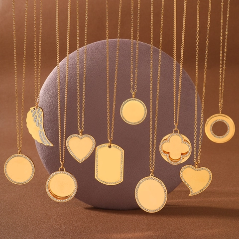 18K Gold Plated Stainless Steel Rhinestone Pendant Necklace For Women Personalized Geometric Round Heart Clover Jewelry
