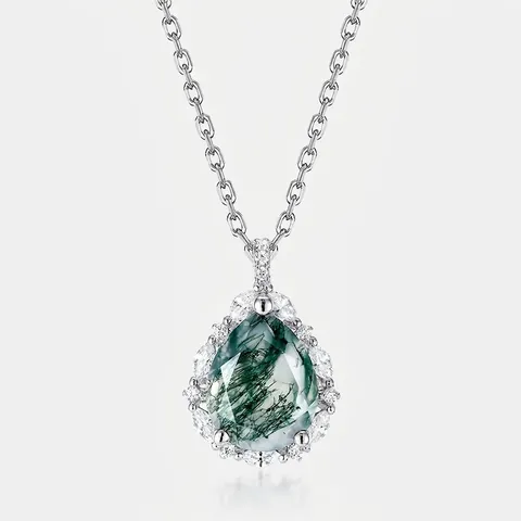 Collana con Ciondolo a Goccia in Argento Sterling S925 Agata Muschiata Verde Per Donna Elegante Intarsiata Strass Gioielli
