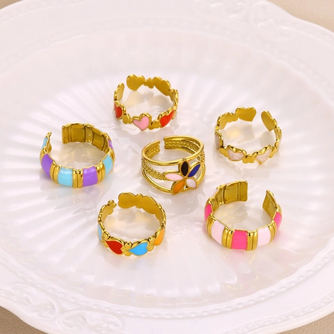 Anello Regolabile Aperto Acciaio Inossidabile Placcato Oro 18K Smalto Colorato Geometrico Rigato Gioielli Tendenza