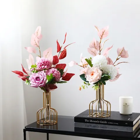 Artificial Satin Flowers And Gold Metal Iron Frame Glass Vase Combination Nordic Style Home Living Room Desktop Decor