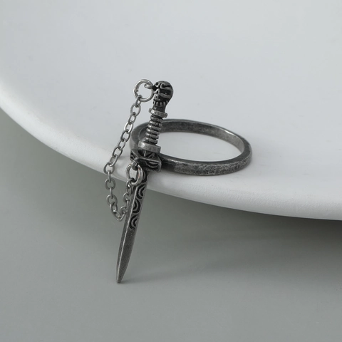 Gothic Dunkel Kreuz Schwert Ring Für Damen Punk Retro Legierung Kette Quaste Totenkopf Verstellbar Fingerring Mode Schmuck
