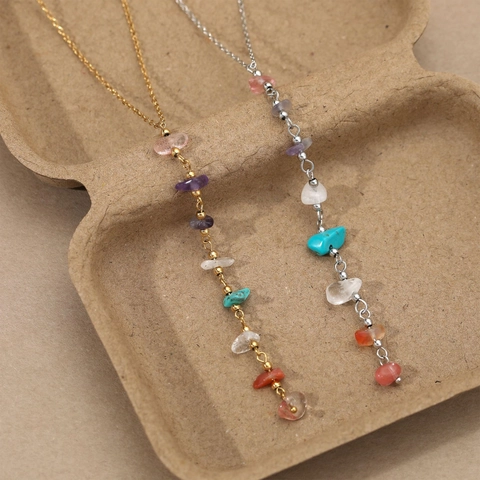 Bohemian Y Shape Pendant Necklace 304 Stainless Steel Multi Color Natural Stone Dainty Long Chain Jewelry For Women