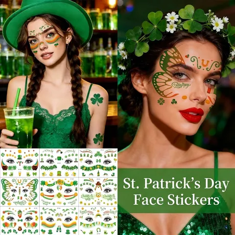 St. Patrick's Day Shamrock Temporary Face Tattoos Waterproof Irish Beer Festival Leprechaun Rainbow Stickers For Party