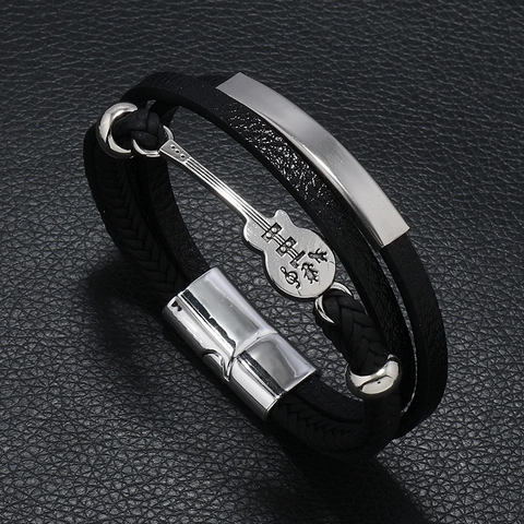 Herren Mehrlagiges Armband Geflochtenes Leder Legierung Gitarre Anhänger Musik Thema Punk Retro Magnetverschluss