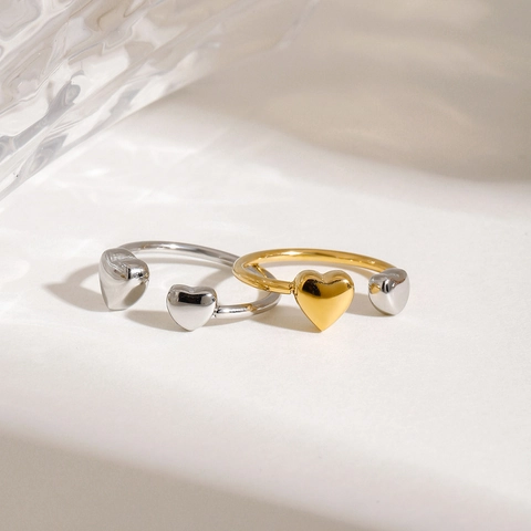 Stainless Steel Heart Open Adjustable Ring Gold Silver Mixed Color Minimalist Geometric Jewelry For Women Valentine's Gift