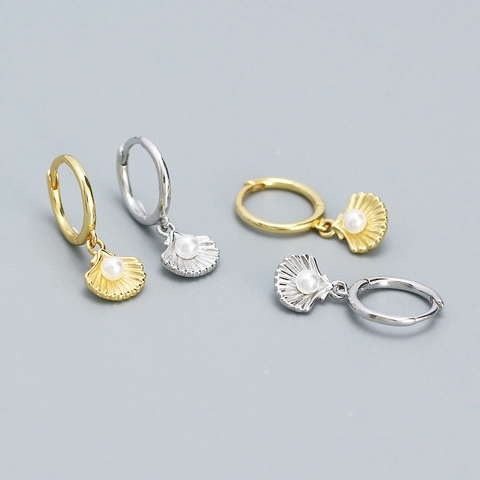 Pendientes De Aro De Plata De Ley 925 Con Concha De Mar Y Perla Artificial Redonda Joyería Estilo Océano Para Mujer