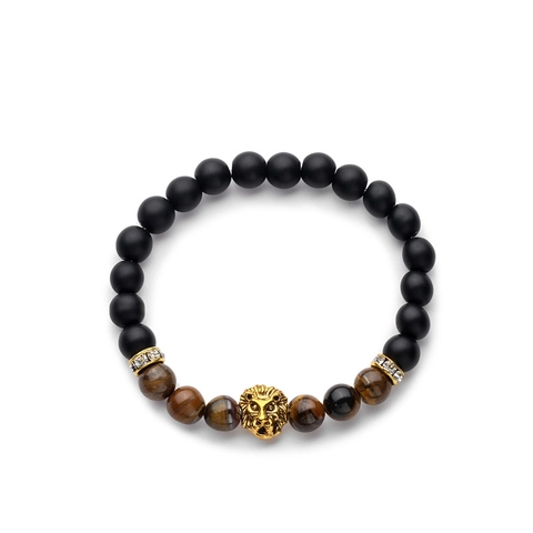 Lion Head Beaded Bracelet Tiger Eye Natural Stone Matte Agate Rhinestone Spacers Elastic Rope Fashion Jewelry For Men