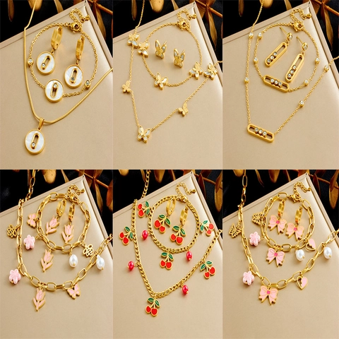 Cute Stainless Steel Jewelry Set For Women Gold Plated Enamel Bow Flower Cherry Butterfly Rhinestone Necklace Earrings Set