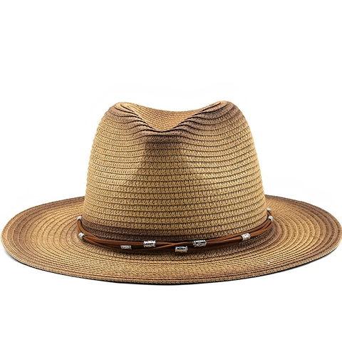 Gradiënt Strooien Fedora Hoed Retro Panama Jazz Pet Met Leren Touw Zilveren Metalen Kralen Zonbescherming Buiten Strand Voor Dames Heren