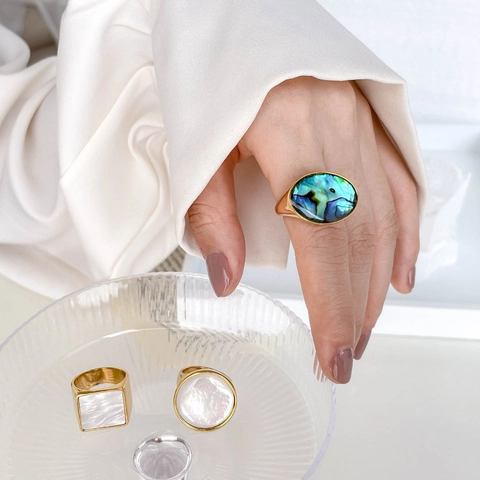 Women Gold Plated Stainless Steel Geometric Ring Natural Abalone Shell White Mother Of Artificial Pearl Statement Retro Jewelry