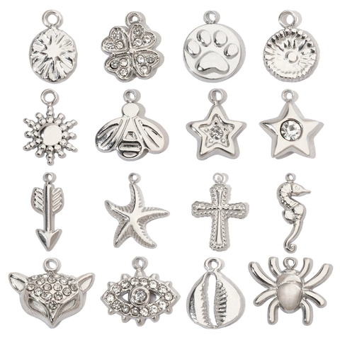 DIY Bijoux Breloques Pendants Acier Inoxydable Rhinestone Formes Mixtes Pour Fabrication Bracelet Collier Croix Étoile Abeille Mauvais Œil Trèfle Hippocampe Patte Renard Poli Petits Accessoires