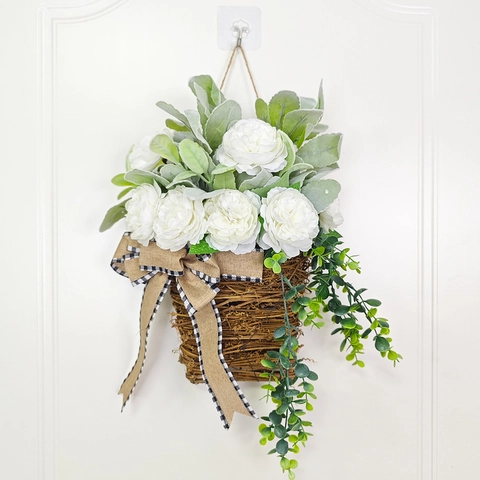 Künstliche Weiße Pfingstrose Blumen Rattan Korb Türbehang Deko Bauernhaus Rustikal Frühling Sackleinen Bogen Wandbehang