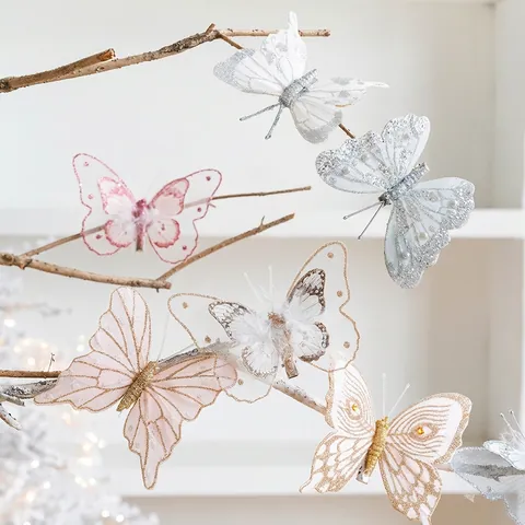 Glitter Butterfly Ornaments Christmas Tree Decorations Mesh Fabric Feather Hanging Decor For Holiday Party Festive Home