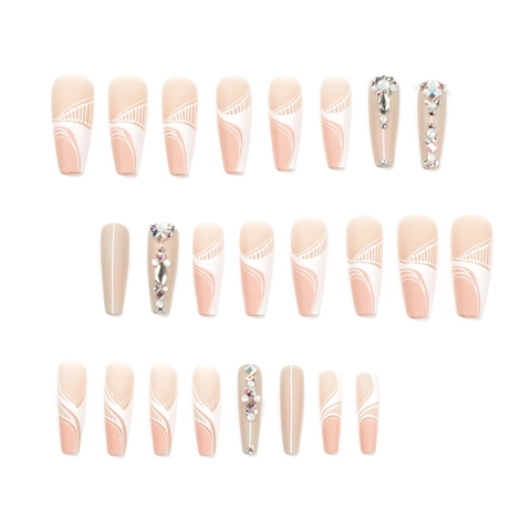 Faux Ongles Ballerine Longs À Presser Rose Nude Avec Lignes Blanches Et Strass Pour Manucure Femme