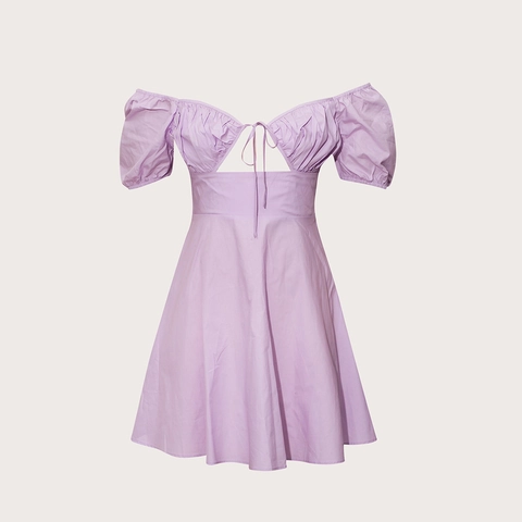 Women Puff Sleeve Mini Dress Cotton Blend Cut Out Tie Up High Waist Elegant Sexy A-Line Summer Short Dress