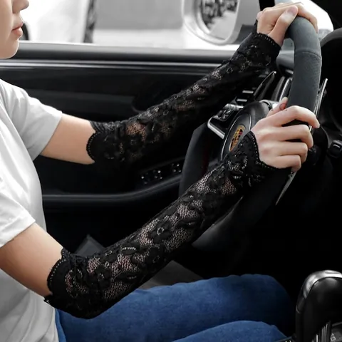 Lace Arm Sleeves Ice Satin Sun Protection Long Fingerless Floral Embroidery Driving Cycling Bridal Elegant Women Apparel