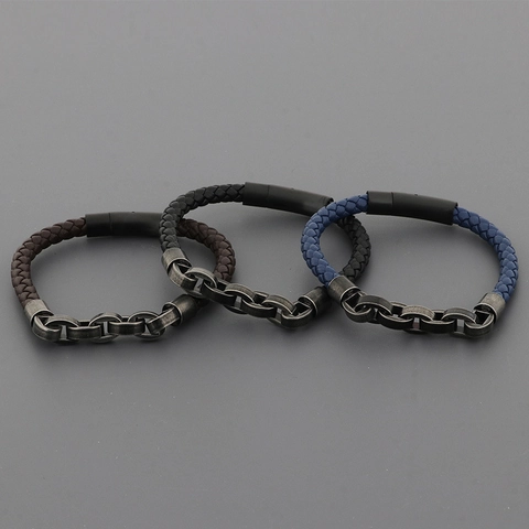 Retro Braided Leather Bracelet With Stainless Steel Chain Link And Magnetic Clasp Simple Woven Jewelry For Men