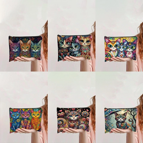 Retro Cat Print Canvas Makeup Bag Spacious Zipper Toiletry Pouch Portable Travel Organizer For Women Colorful Bohemian Style