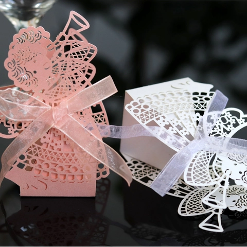 Scatole per Caramelle Tagliate al Laser Angelo Carta Perlata Scatola Regalo Traforata Nastro Matrimonio Battesimo Compleanno Festa
