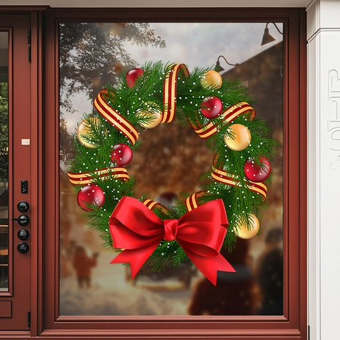Christmas Wreath Window Sticker PVC Static Cling Double Sided UV Color Festive Glass Door Decoration Removable Waterproof
