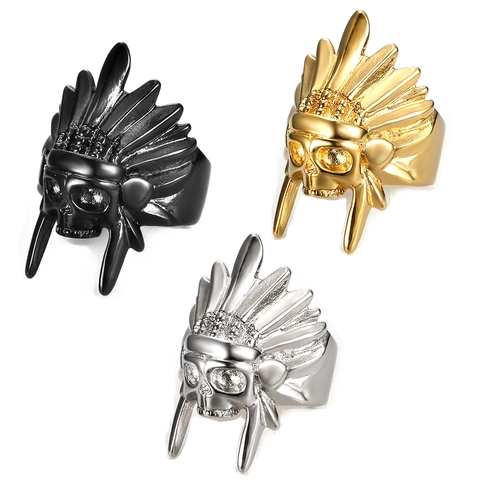 Anello Teschio Capo Indiano Acciaio Inossidabile Punk Gothic Vintage Copricapo Gioielli Biker Per Uomo