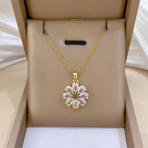 Roterende Zirkoon Bloem Hanger Ketting Titanium Staal Koper Cubic Zirconia Luxe Elegant Sieraden Voor Dames