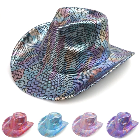 Metallic Holographic Fish Scale Western Cowboy Hat Sequin Shiny Wide Brim Party Dance Performance Fedora Hat For Men Women