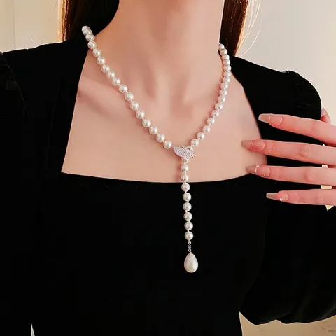 Collar De Perlas Artificiales En Forma De Y Elegante Conector De Hoja Circonita Colgante De Perla Artificial Gota Joyería Cobre Estilo Francés Mujer