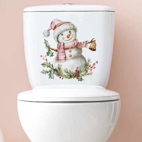 Kerstmis Sneeuwpop Toiletsticker Met Bel En Hulst Aquarel PVC Waterdicht Decor Voor Badkamer Thuis