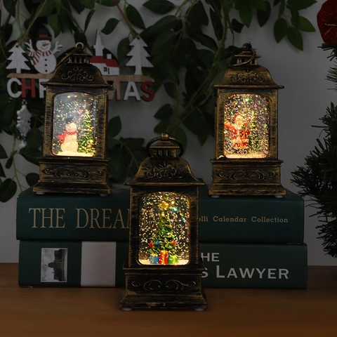 Lanterna Palla Di Neve Di Natale Luce LED Decorativa Retro Bronzo Plastica Liquido Luccicante Ornamento Da Scrivania