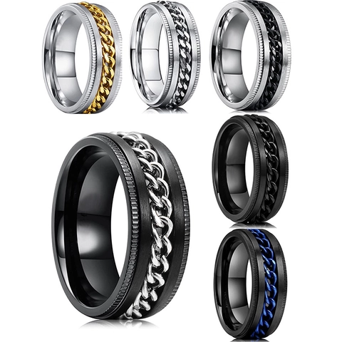 Men Spinner Ring Stainless Steel Rotating Cuban Chain Stress Relief Punk Hip Hop Jewelry Band For Anxiety Relief