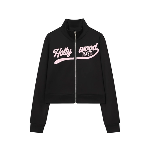 Hollywood 1975 Stickerei Stehkragen Jacke Mit Reißverschluss Und Schlaghose Damen Sportliche Streetwear Strick Outfits