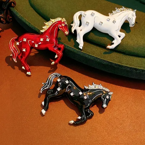 Broche Cheval Vintage Épingle Alliage Émail Strass Exquis Style Animal Rétro Accessoire Bijoux Vêtement Femme