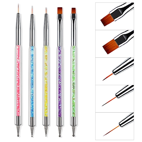 Dual Ended Nail Art Brushes Liner Pens And Dotting Tools Colorful Sequin Handle Professional Manicure Drawing Painting