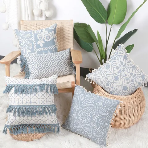 Decorative Pillow Case Cushion Cover Poly Cotton Bohemian Blue White Printed Floral Geometric Mandala With Tassels