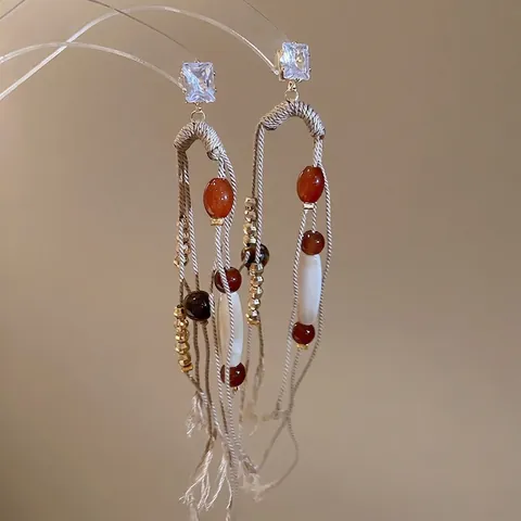 Tassel Drop Ohrringe Mit 925 Sterling Silber Ohrstecker Quadratischer Zirkonia Acrylperlen Gewebtes Seil Boho Vintage Ethno