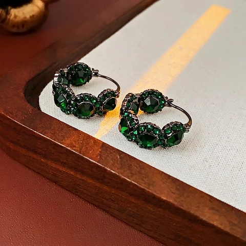 Vintage Smaragdgroene Strass Hoop Oorbellen Met Zilveren Oorsteker Franse Stijl Luxe Geometrische Sieraden Voor Dames
