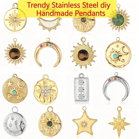 Celestial Sun Moon Star Pendant Charms Stainless Steel With Natural Stone And Rhinestone Bohemian Vintage Jewelry DIY