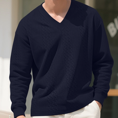 Men V-Neck Knitted Sweater Long Sleeve Cable Knit Jacquard Waffle Texture Casual Loose Pullover Top