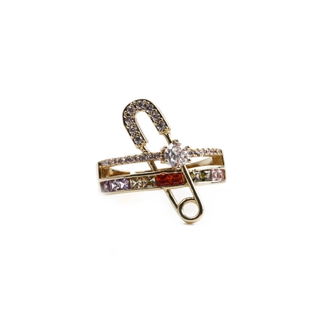 Safety Pin Open Adjustable Ring Copper Gold Plated Colorful Zircon Micro Inlaid Geometric Jewelry