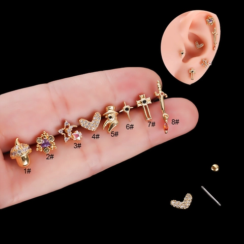 Cartilage Earring Studs Copper Zirconia Stainless Steel Bar Heart Cross Sword Plague Doctor Mask Punk Piercing Jewelry