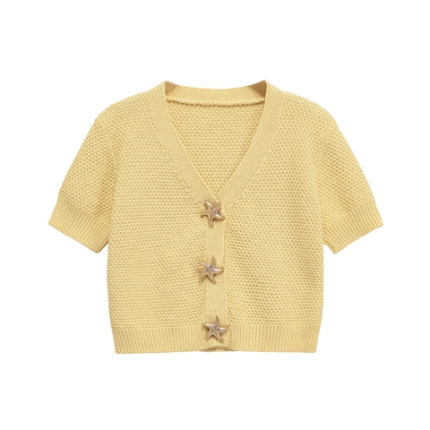 Kurzarm Strickjacke V-Ausschnitt Waffelstruktur Seestern Knopf Pullover Top Leicht Für Damen Lässig Elegant