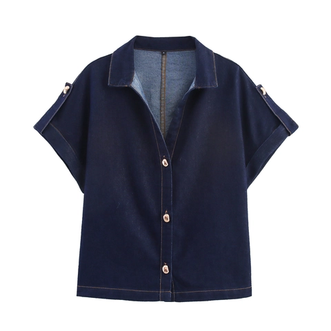 Camicia E Pantaloni In Denim Da Donna Top A Maniche Corte Con Bottoni E Pantaloni A Gamba Larga Vita Alta Streetwear