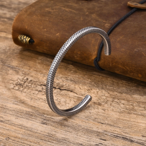 Men Cuff Bracelet Stainless Steel Vintage Twisted Braided Feather Mobius Open Bangle Retro Jewelry