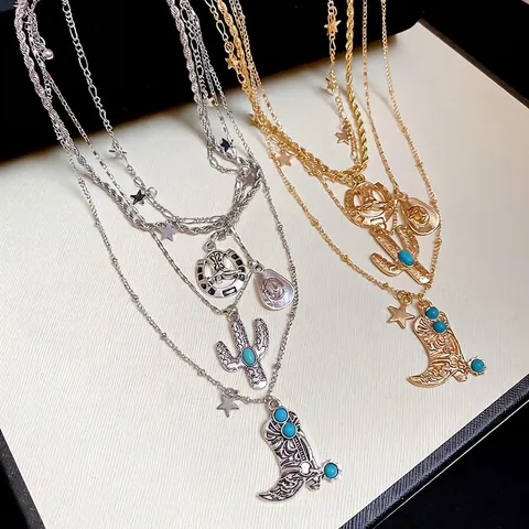 Western Cowboy Style Layered Necklace Alloy Multi Strand Chain With Cowboy Boot Cactus Horseshoe Pendants Vintage Jewelry