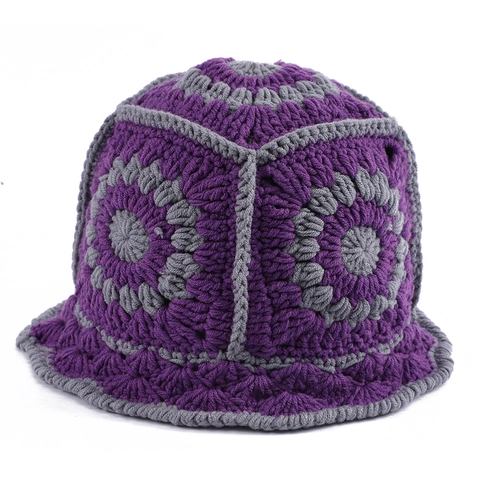 Chapeau Bob pour Femme Rétro Crochet à la Main Tricoté Ajouré Fleur Patchwork Doux Chaud Hiver Pêcheur